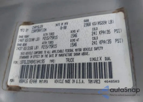 1999 Dodge Dakota Slt/Sport из США, поврежденный, VIN 1B7GL22X8XS104195